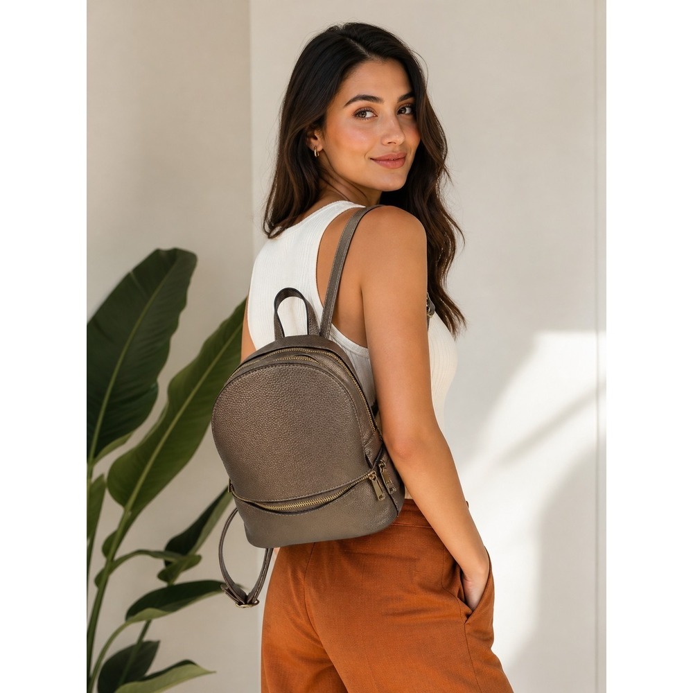 Magic‎ Bags Mini Backpack Brown Pebbled Faux Leather Gold Zip Small 9x10